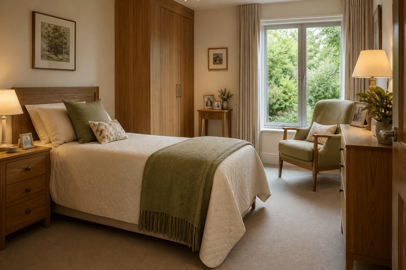 A warm private bedroom with garden views