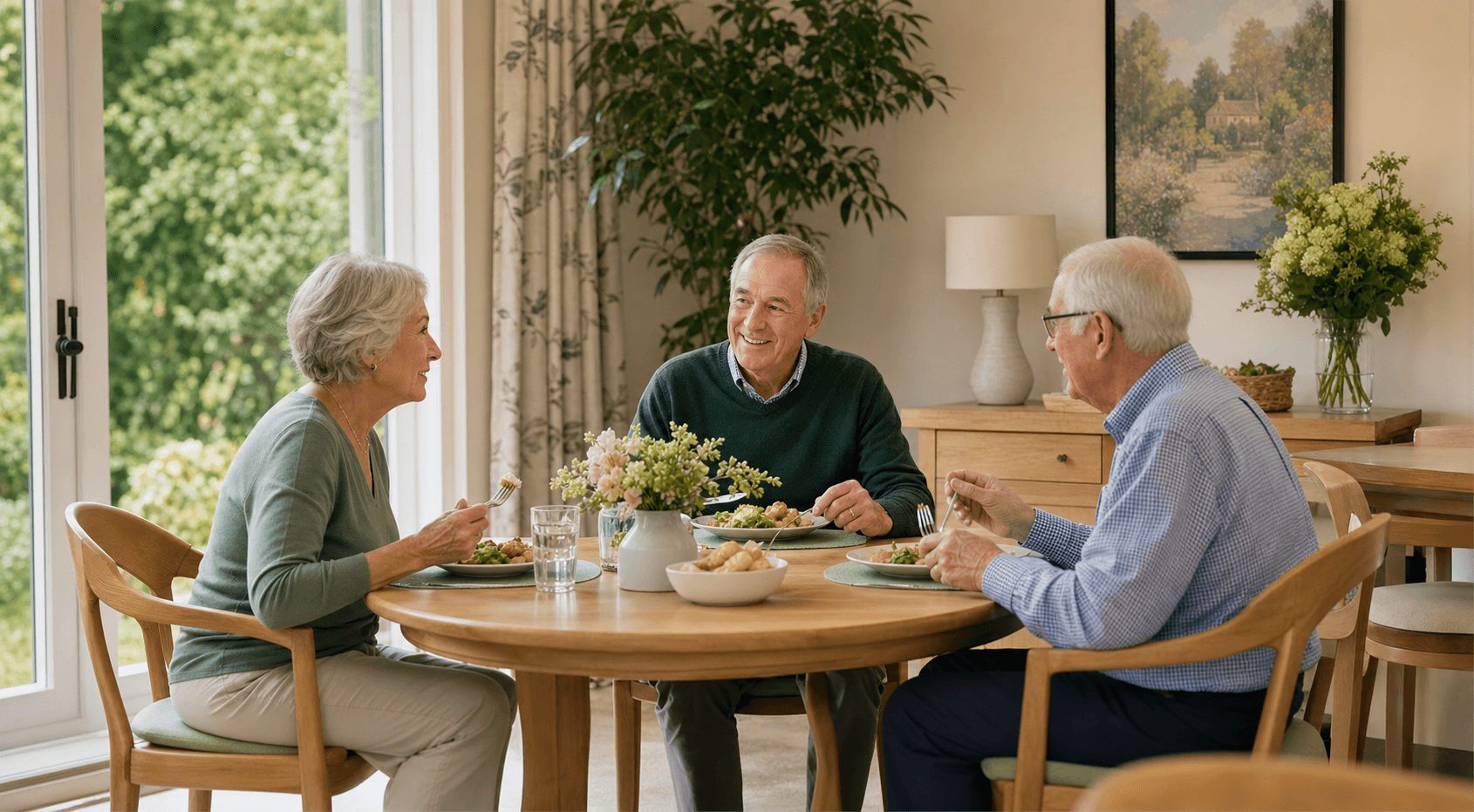 Older adults sharing a relaxed meal in a bright dining room